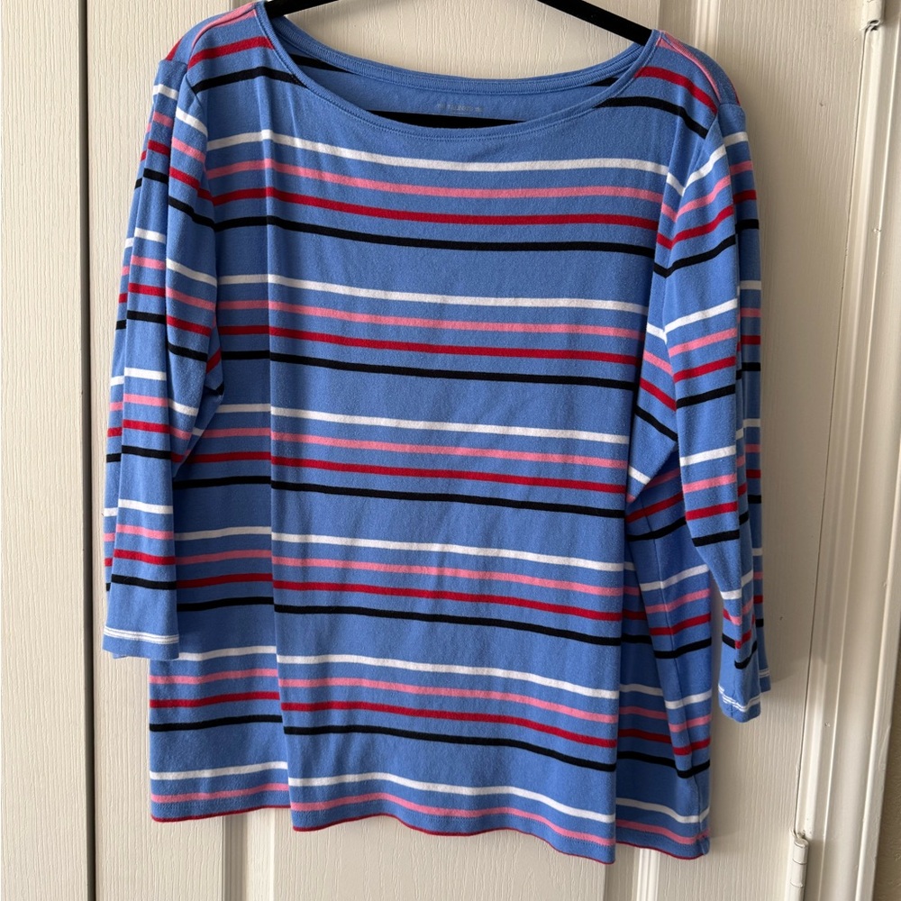 3/4 sleeve, bateau neck 100% cotton Striped Blue Women's Top